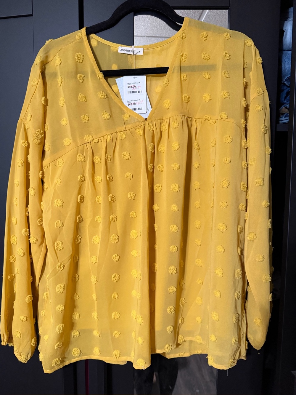Textured Swiss Dot V-Neck Long Sleeve Top - Yellow